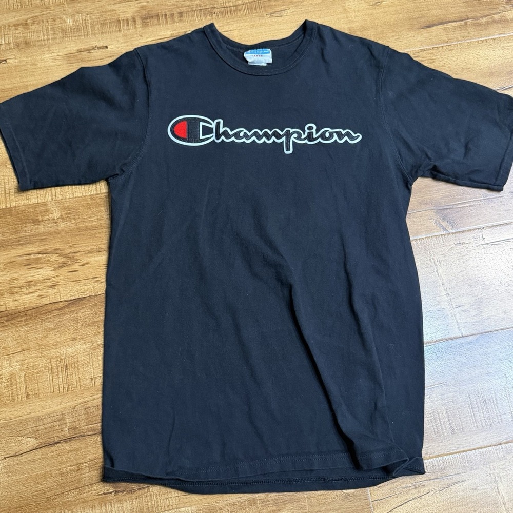 Vintage Champion T Shirt Men Black Sz L  Graphic Spellout Script Logo Cotton